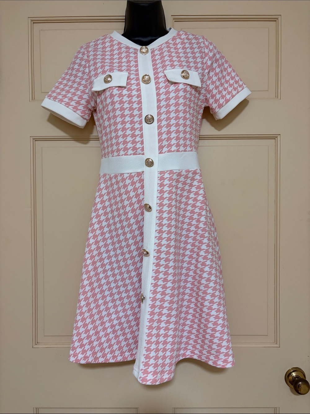 SHEIN Pink and White Houndstooth Button-Front A-Line Dress